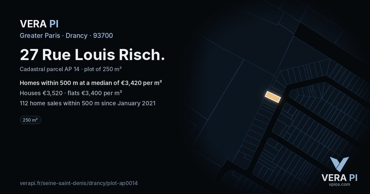 27 Rue Louis Risch, Drancy at night – the plot lit, the parcels around coloured by the prices near them
