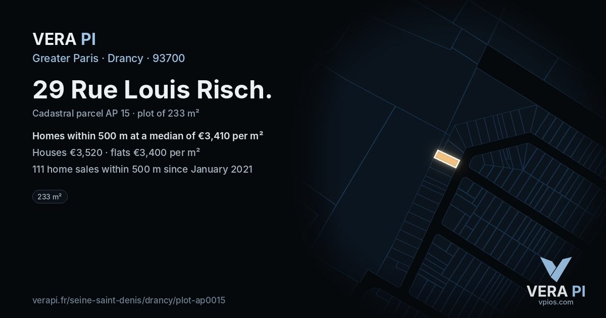 29 Rue Louis Risch, Drancy at night – the plot lit, the parcels around coloured by the prices near them