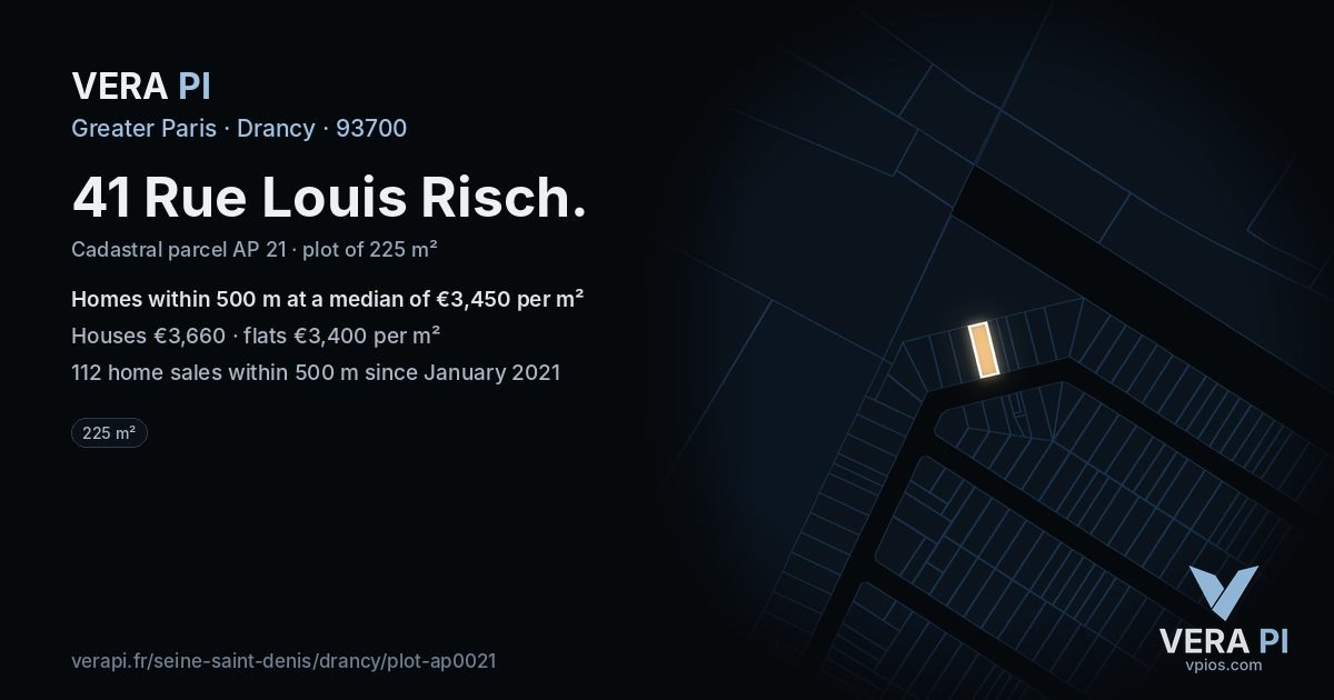 41 Rue Louis Risch, Drancy at night – the plot lit, the parcels around coloured by the prices near them