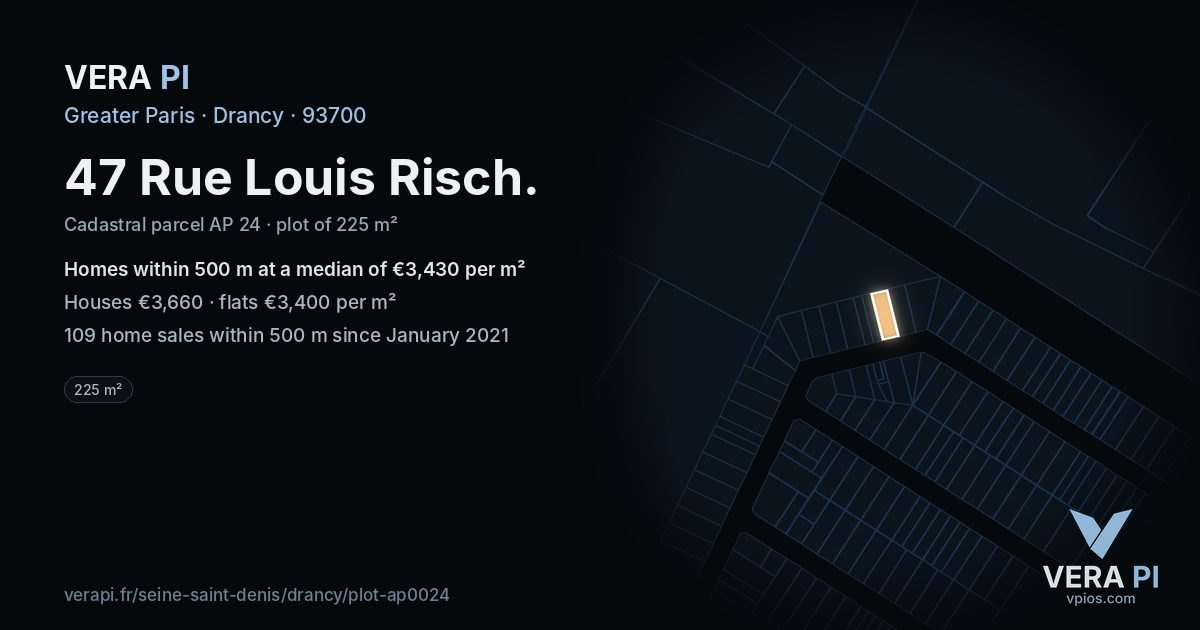 47 Rue Louis Risch, Drancy at night – the plot lit, the parcels around coloured by the prices near them