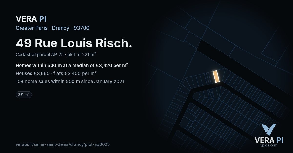 49 Rue Louis Risch, Drancy at night – the plot lit, the parcels around coloured by the prices near them