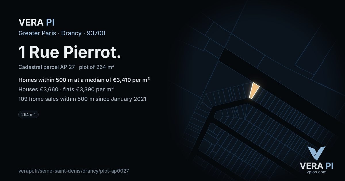1 Rue Pierrot, Drancy at night – the plot lit, the parcels around coloured by the prices near them