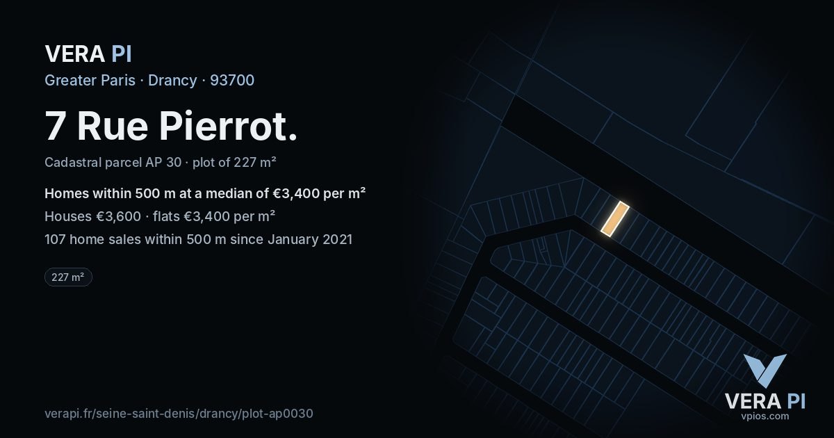 7 Rue Pierrot, Drancy at night – the plot lit, the parcels around coloured by the prices near them