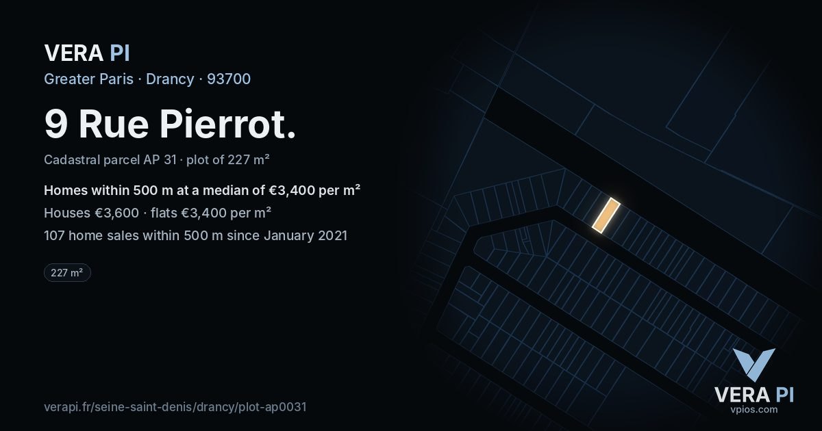 9 Rue Pierrot, Drancy at night – the plot lit, the parcels around coloured by the prices near them