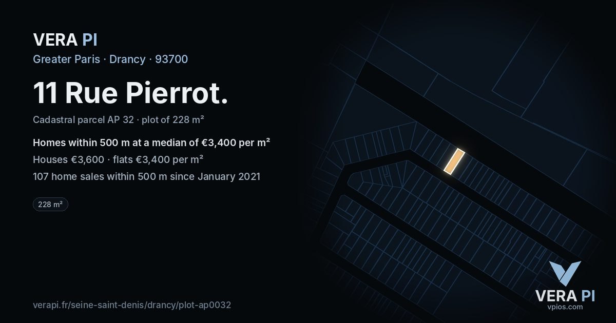 11 Rue Pierrot, Drancy at night – the plot lit, the parcels around coloured by the prices near them