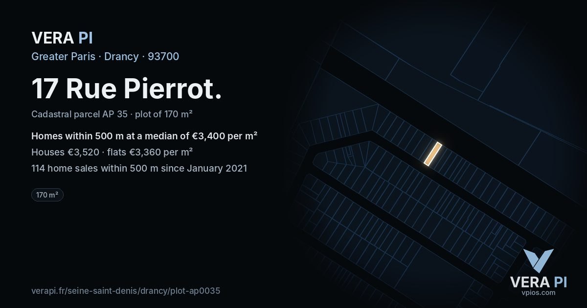 17 Rue Pierrot, Drancy at night – the plot lit, the parcels around coloured by the prices near them