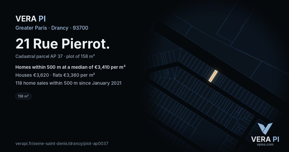 21 Rue Pierrot, Drancy at night – the plot lit, the parcels around coloured by the prices near them