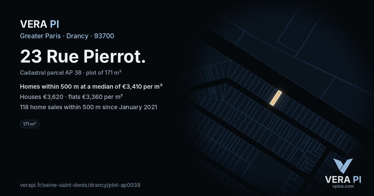 23 Rue Pierrot, Drancy at night – the plot lit, the parcels around coloured by the prices near them