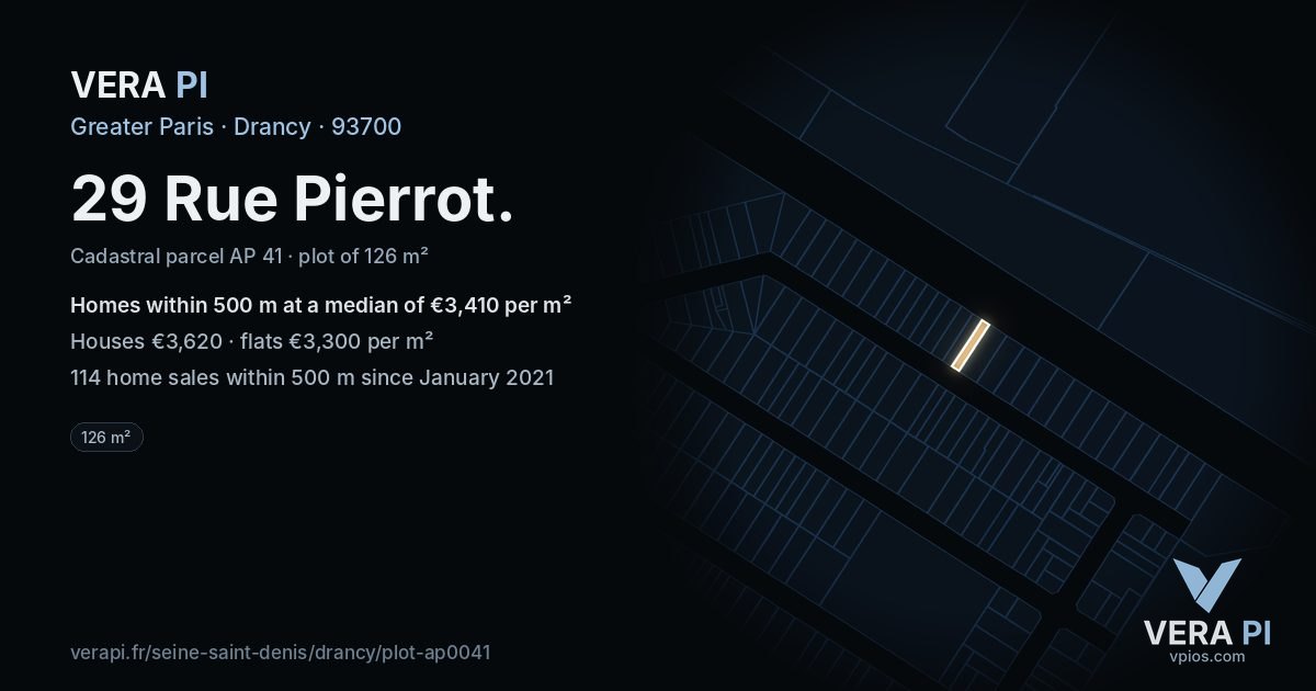29 Rue Pierrot, Drancy at night – the plot lit, the parcels around coloured by the prices near them