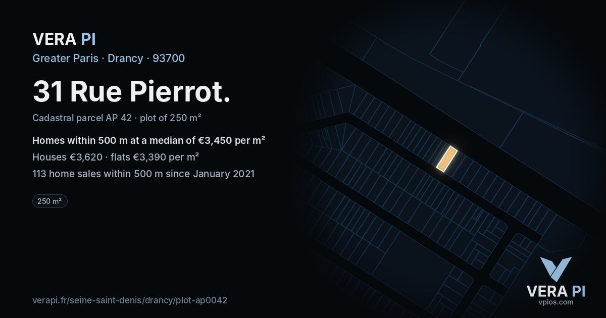 31 Rue Pierrot, Drancy at night – the plot lit, the parcels around coloured by the prices near them