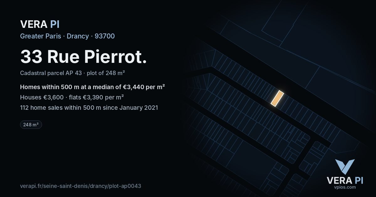 33 Rue Pierrot, Drancy at night – the plot lit, the parcels around coloured by the prices near them