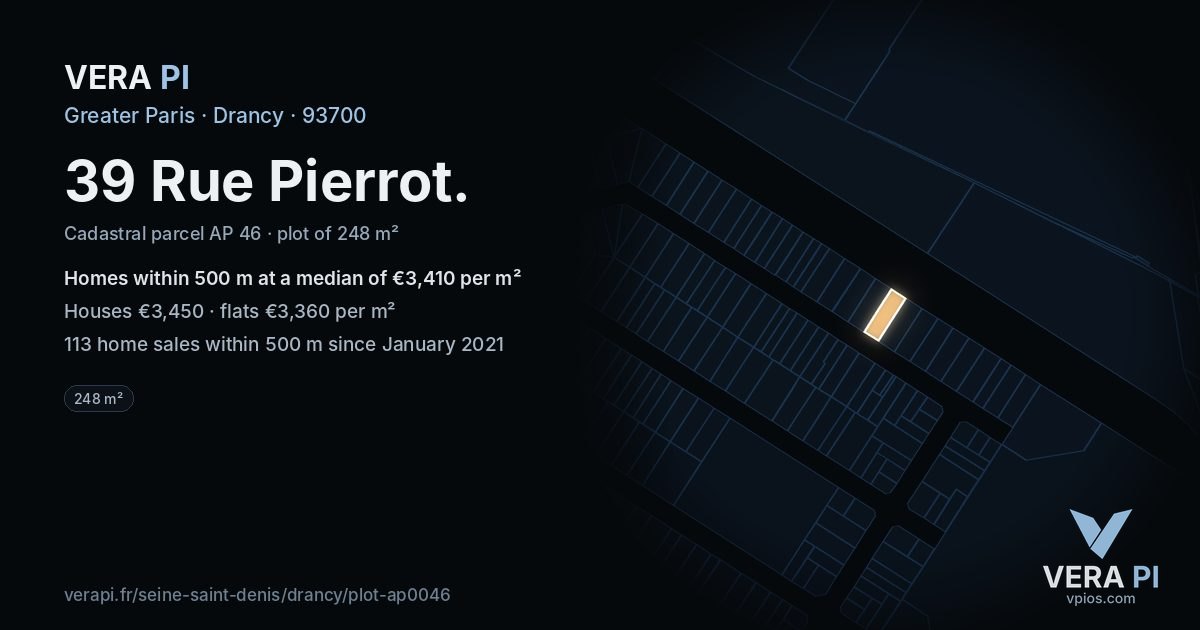 39 Rue Pierrot, Drancy at night – the plot lit, the parcels around coloured by the prices near them