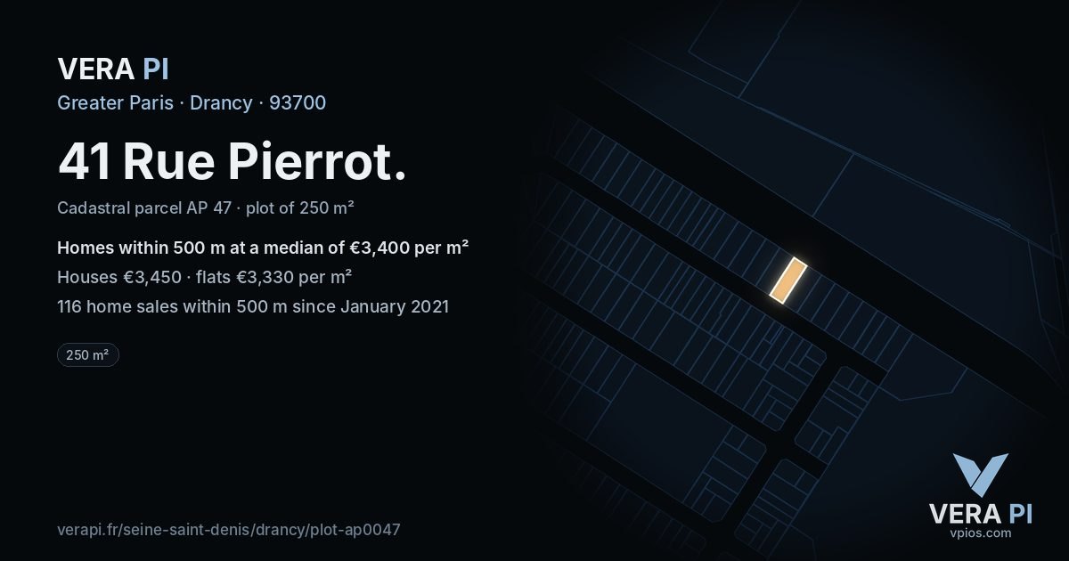41 Rue Pierrot, Drancy at night – the plot lit, the parcels around coloured by the prices near them