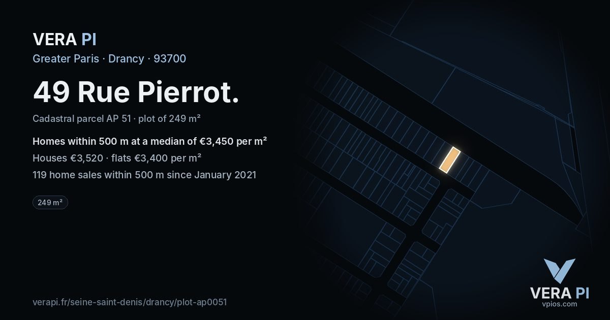 49 Rue Pierrot, Drancy at night – the plot lit, the parcels around coloured by the prices near them