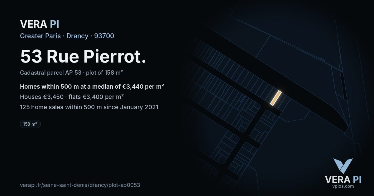 53 Rue Pierrot, Drancy at night – the plot lit, the parcels around coloured by the prices near them