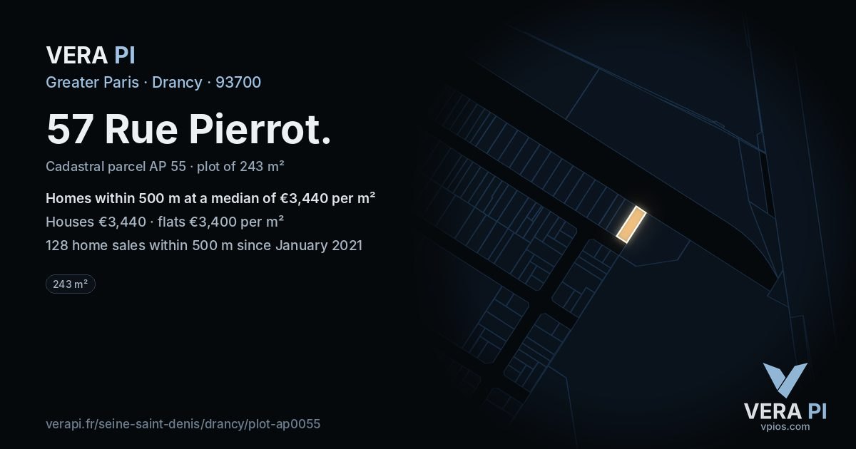 57 Rue Pierrot, Drancy at night – the plot lit, the parcels around coloured by the prices near them