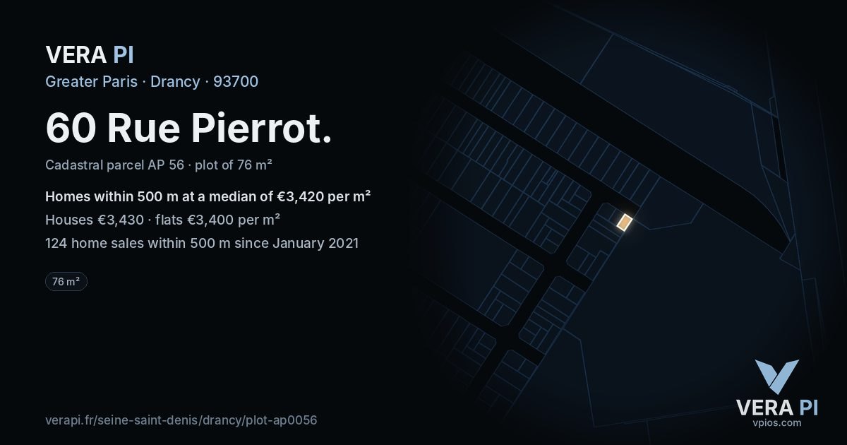 60 Rue Pierrot, Drancy at night – the plot lit, the parcels around coloured by the prices near them