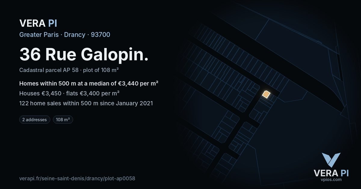 36 Rue Galopin, Drancy at night – the plot lit, the parcels around coloured by the prices near them