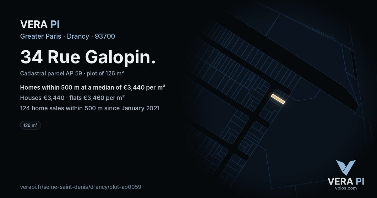34 Rue Galopin, Drancy at night – the plot lit, the parcels around coloured by the prices near them