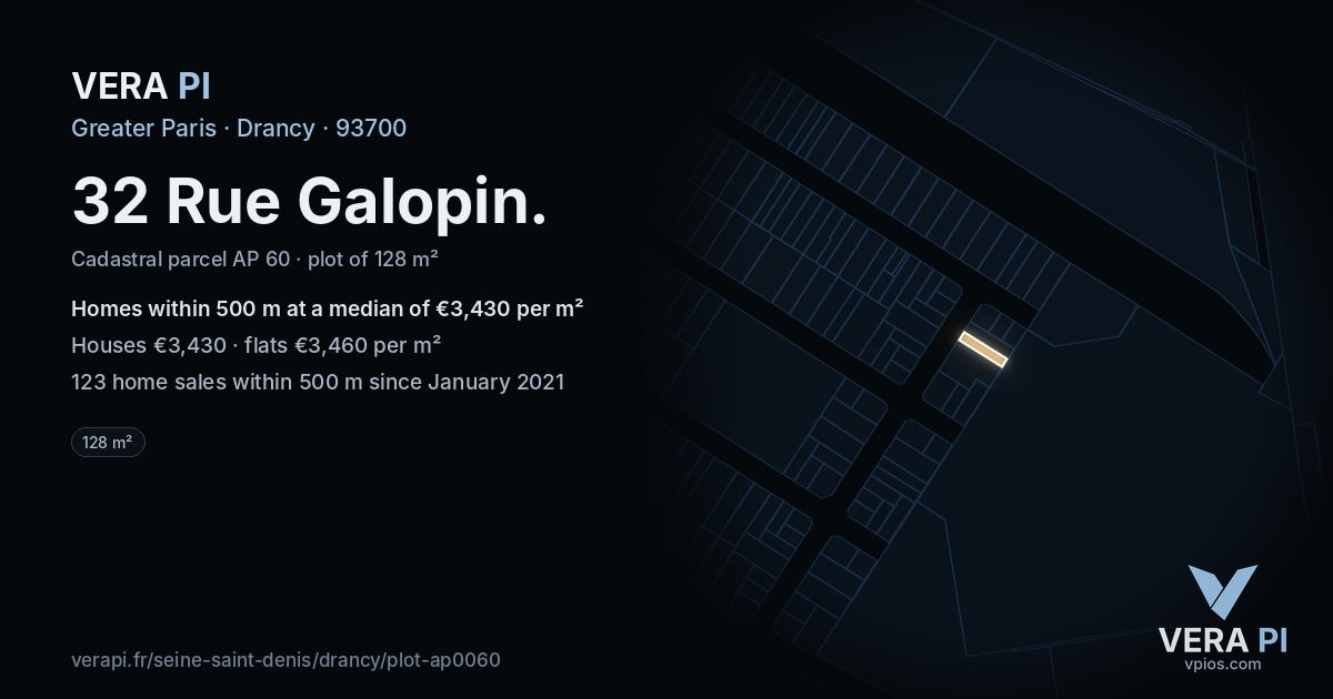 32 Rue Galopin, Drancy at night – the plot lit, the parcels around coloured by the prices near them