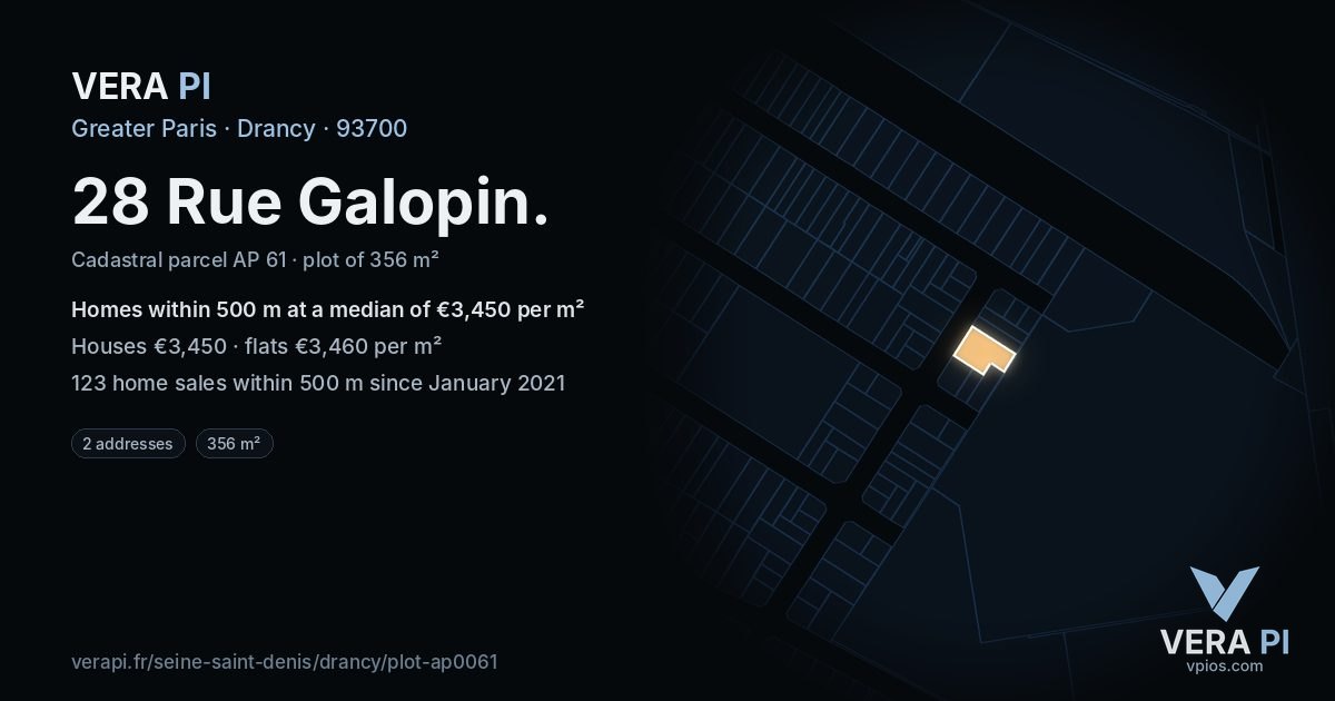 28 Rue Galopin, Drancy at night – the plot lit, the parcels around coloured by the prices near them
