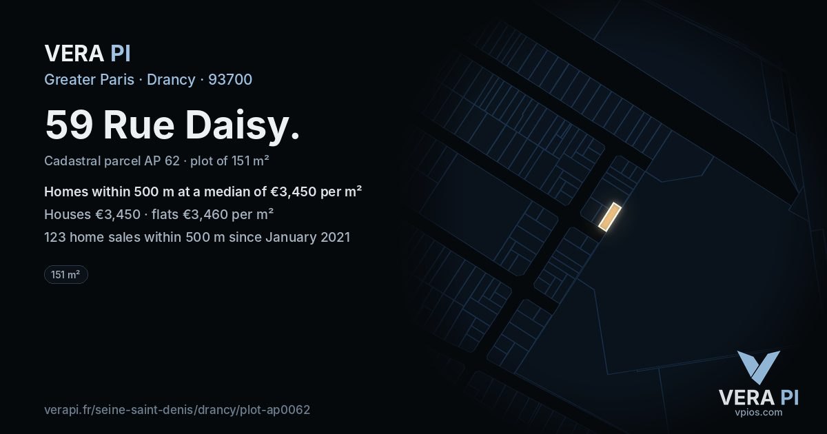 59 Rue Daisy, Drancy at night – the plot lit, the parcels around coloured by the prices near them