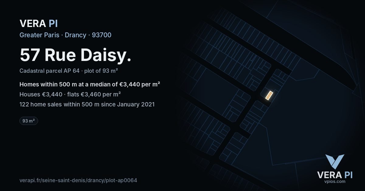 57 Rue Daisy, Drancy at night – the plot lit, the parcels around coloured by the prices near them