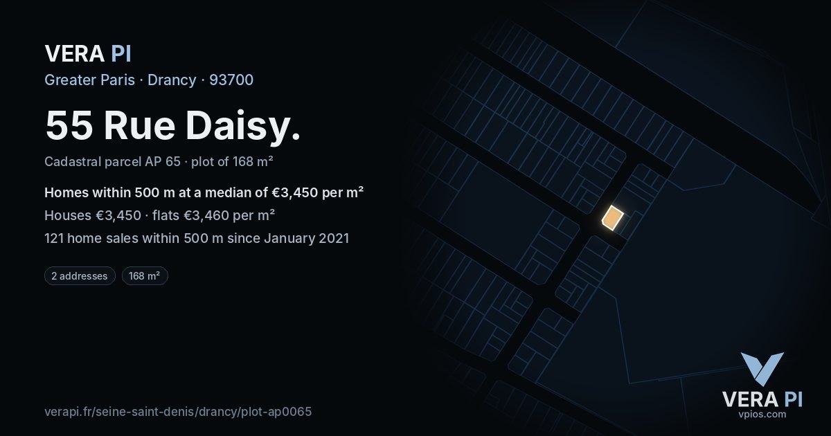 55 Rue Daisy, Drancy at night – the plot lit, the parcels around coloured by the prices near them