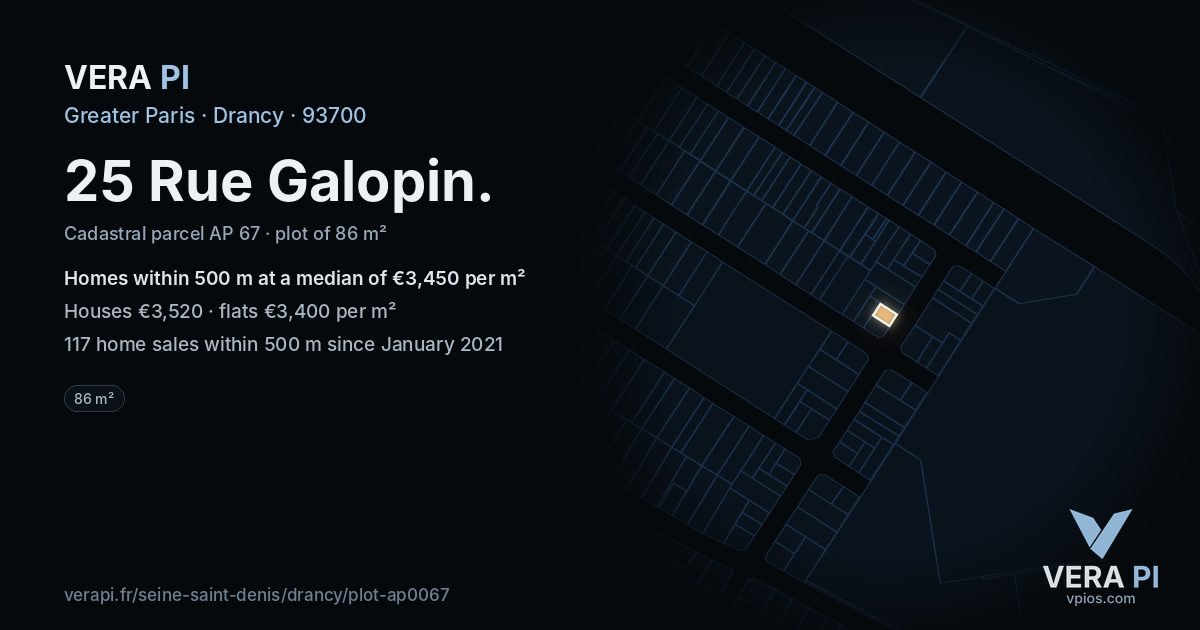 25 Rue Galopin, Drancy at night – the plot lit, the parcels around coloured by the prices near them