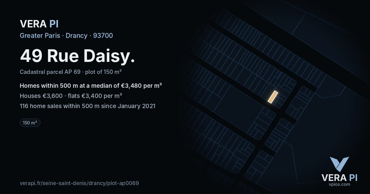 49 Rue Daisy, Drancy at night – the plot lit, the parcels around coloured by the prices near them