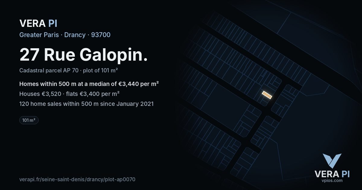 27 Rue Galopin, Drancy at night – the plot lit, the parcels around coloured by the prices near them