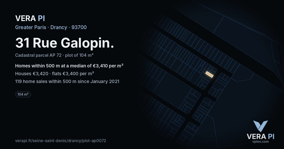31 Rue Galopin, Drancy at night – the plot lit, the parcels around coloured by the prices near them