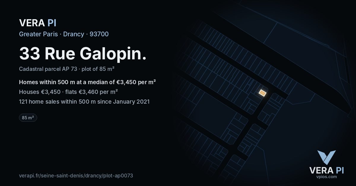 33 Rue Galopin, Drancy at night – the plot lit, the parcels around coloured by the prices near them