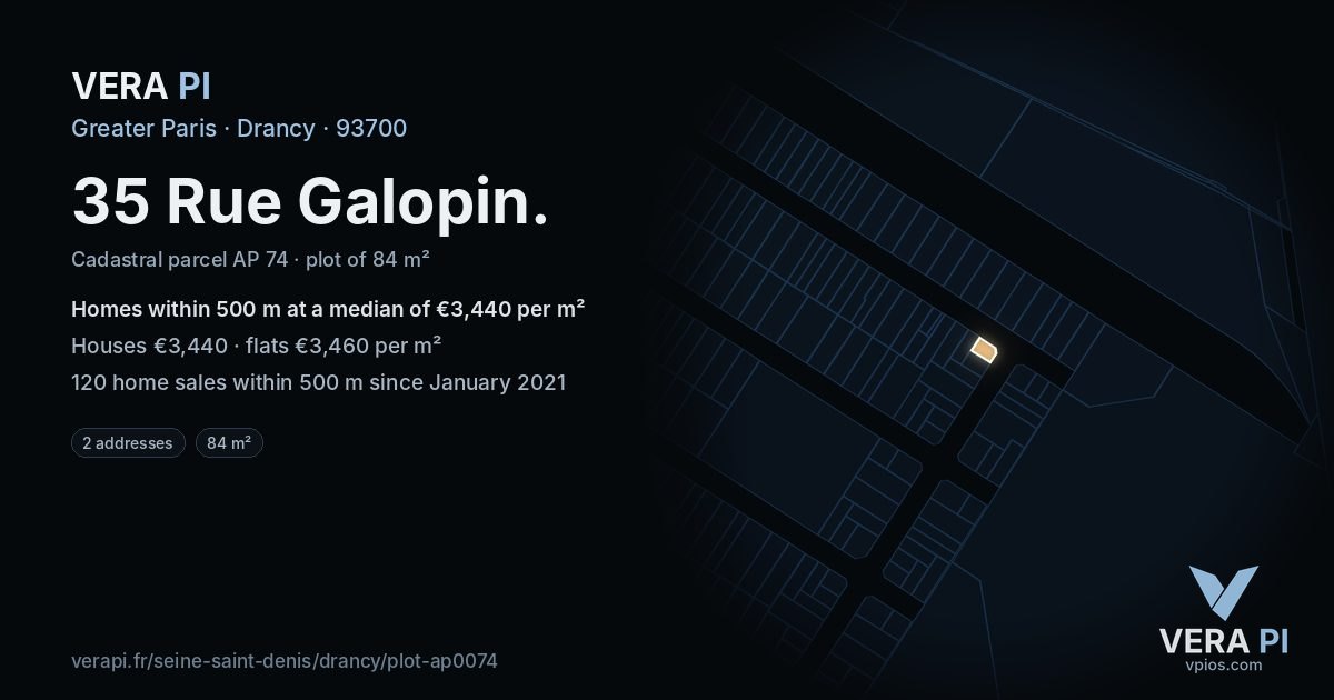 35 Rue Galopin, Drancy at night – the plot lit, the parcels around coloured by the prices near them