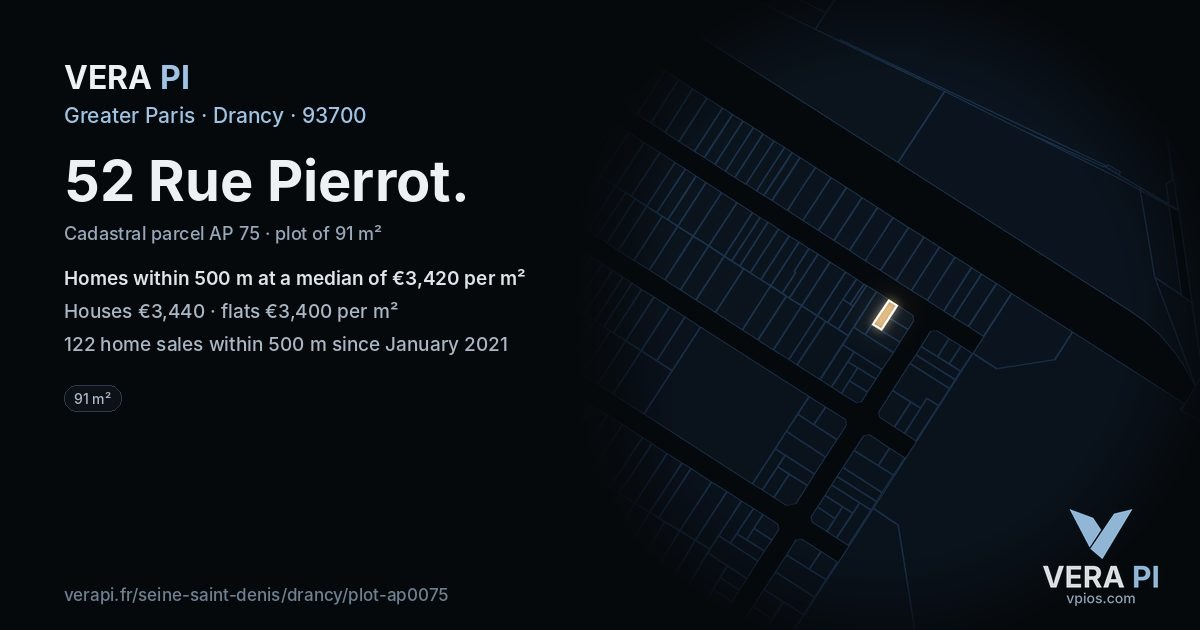 52 Rue Pierrot, Drancy at night – the plot lit, the parcels around coloured by the prices near them