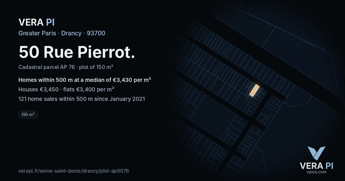50 Rue Pierrot, Drancy at night – the plot lit, the parcels around coloured by the prices near them