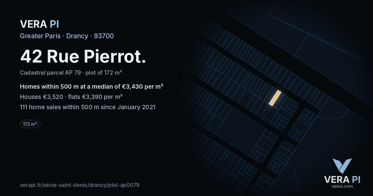 42 Rue Pierrot, Drancy at night – the plot lit, the parcels around coloured by the prices near them