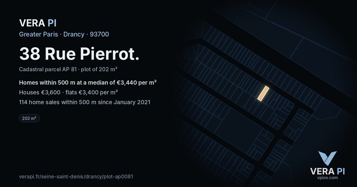 38 Rue Pierrot, Drancy at night – the plot lit, the parcels around coloured by the prices near them