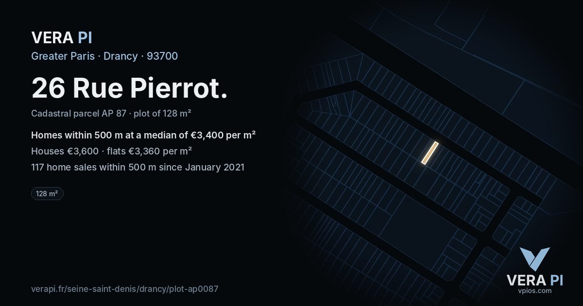 26 Rue Pierrot, Drancy at night – the plot lit, the parcels around coloured by the prices near them