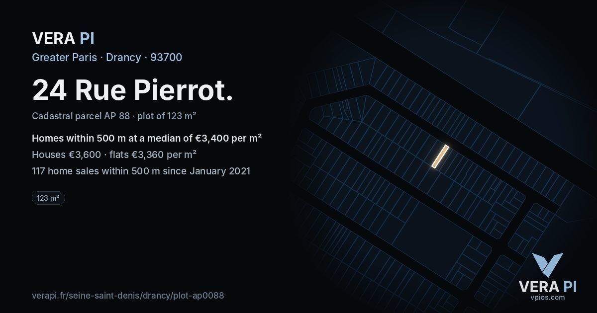 24 Rue Pierrot, Drancy at night – the plot lit, the parcels around coloured by the prices near them
