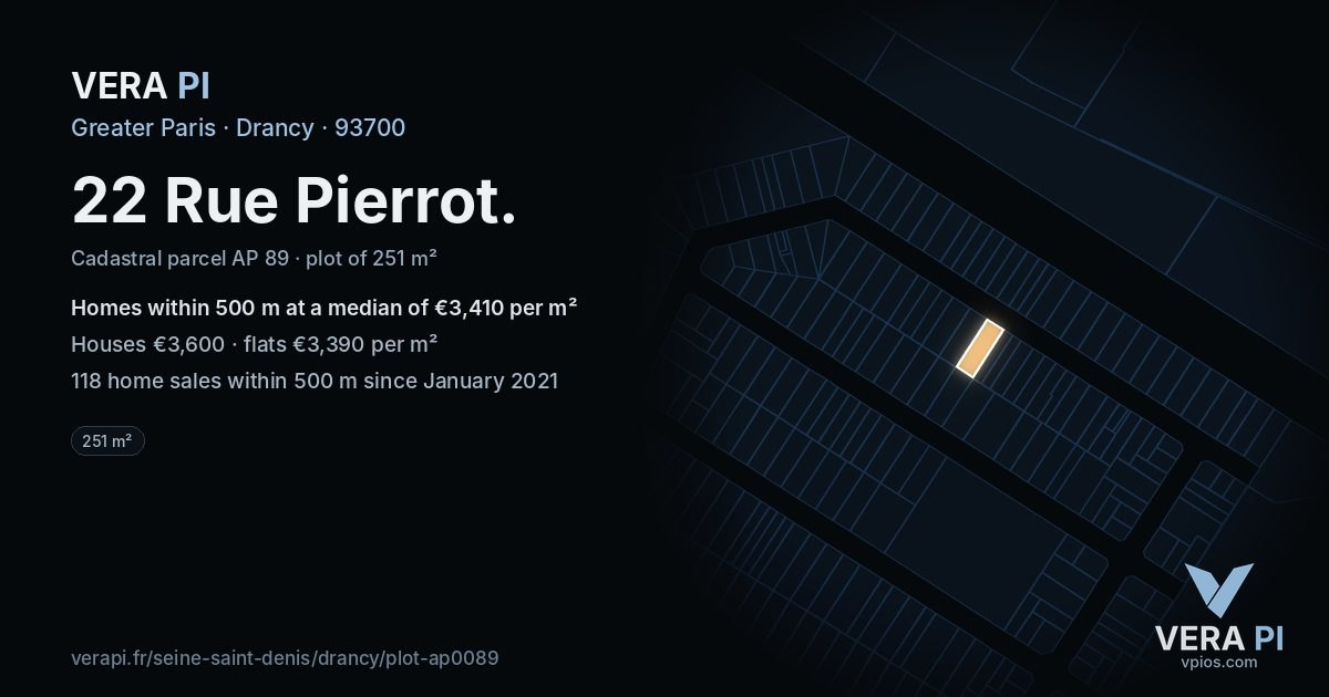 22 Rue Pierrot, Drancy at night – the plot lit, the parcels around coloured by the prices near them