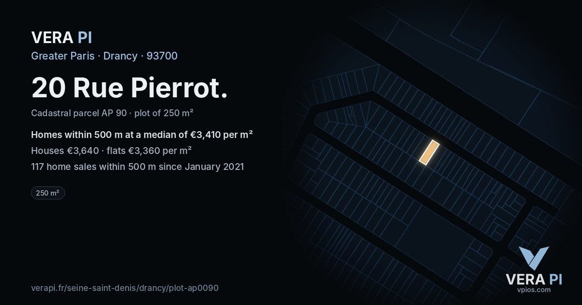 20 Rue Pierrot, Drancy at night – the plot lit, the parcels around coloured by the prices near them