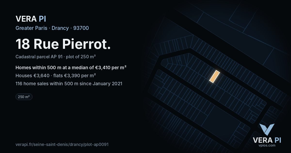 18 Rue Pierrot, Drancy at night – the plot lit, the parcels around coloured by the prices near them
