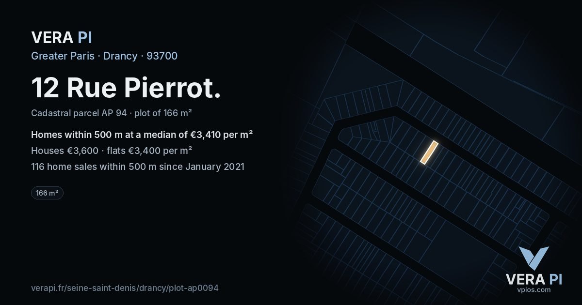 12 Rue Pierrot, Drancy at night – the plot lit, the parcels around coloured by the prices near them