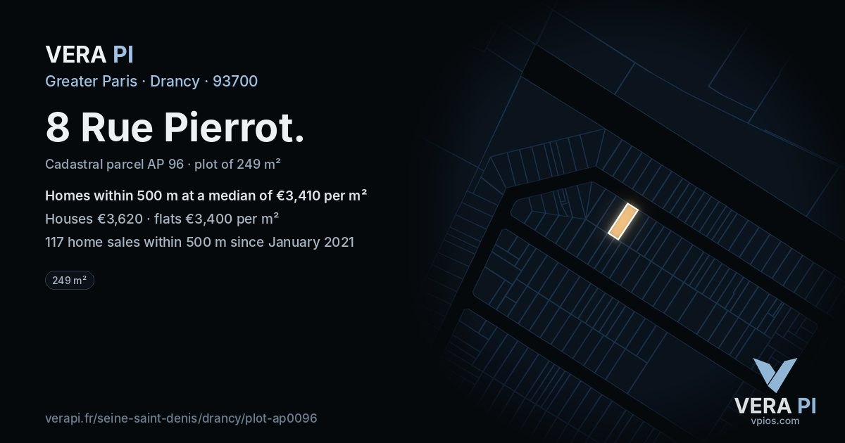 8 Rue Pierrot, Drancy at night – the plot lit, the parcels around coloured by the prices near them