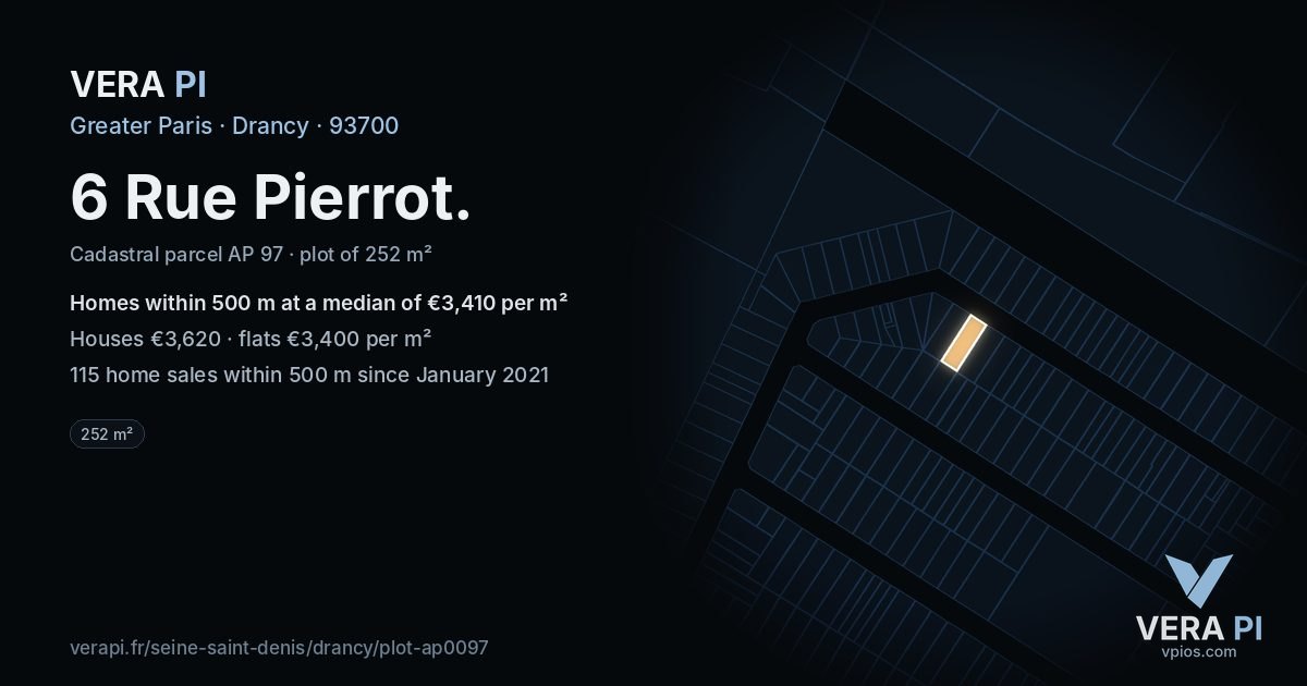 6 Rue Pierrot, Drancy at night – the plot lit, the parcels around coloured by the prices near them