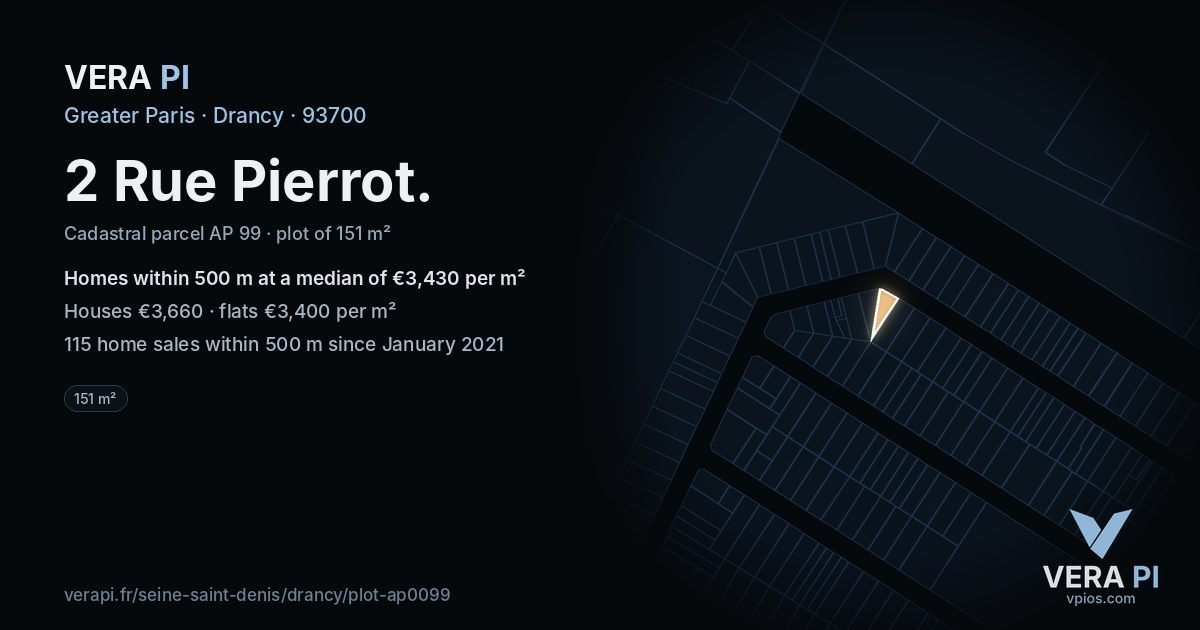 2 Rue Pierrot, Drancy at night – the plot lit, the parcels around coloured by the prices near them