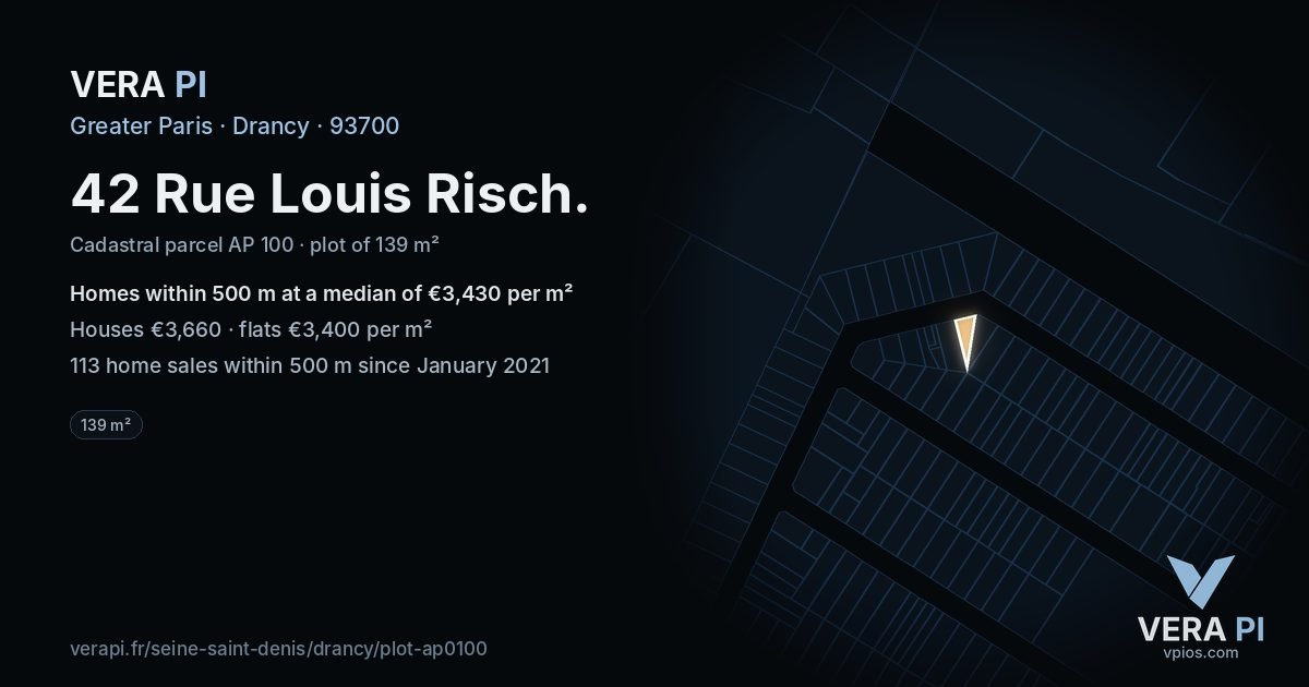 42 Rue Louis Risch, Drancy at night – the plot lit, the parcels around coloured by the prices near them