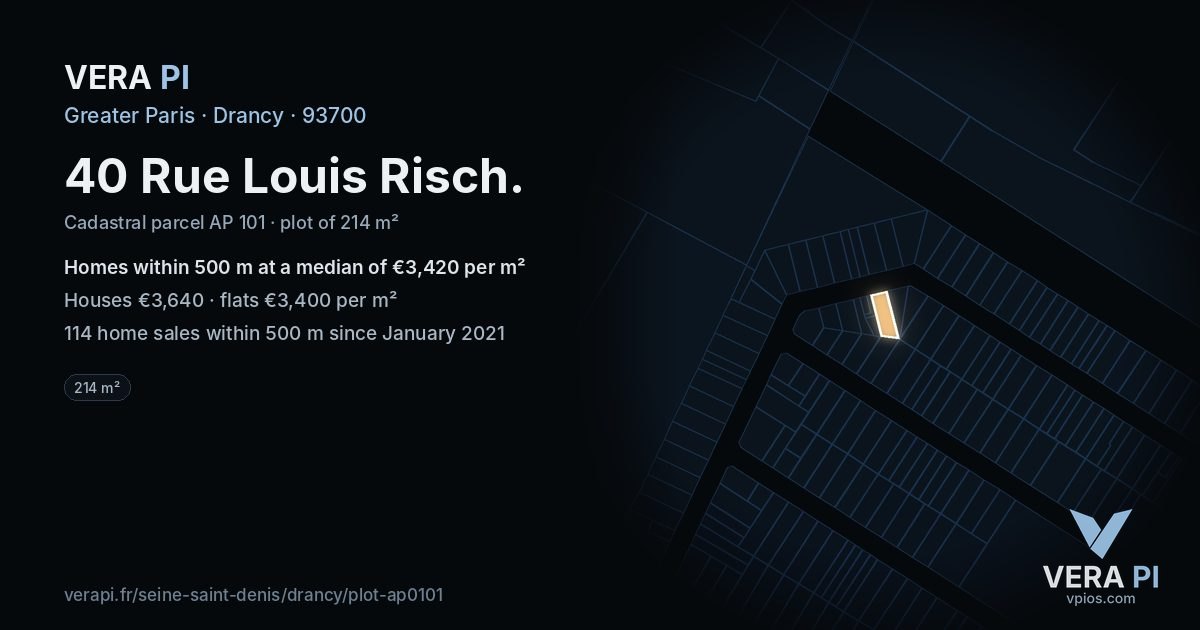 40 Rue Louis Risch, Drancy at night – the plot lit, the parcels around coloured by the prices near them