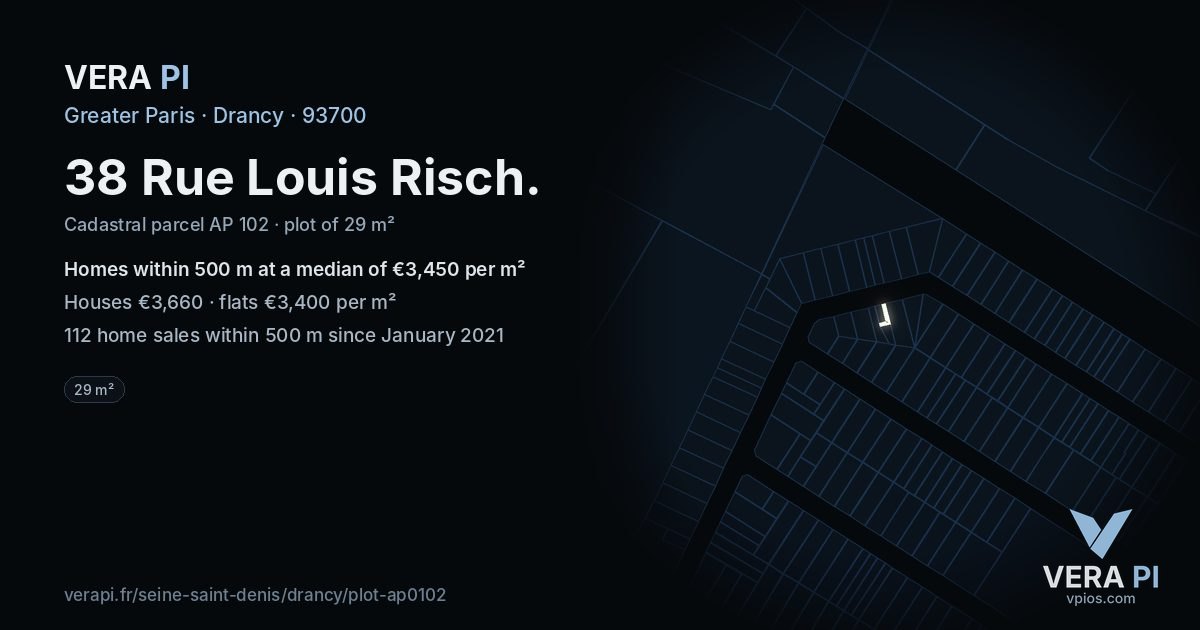 38 Rue Louis Risch, Drancy at night – the plot lit, the parcels around coloured by the prices near them